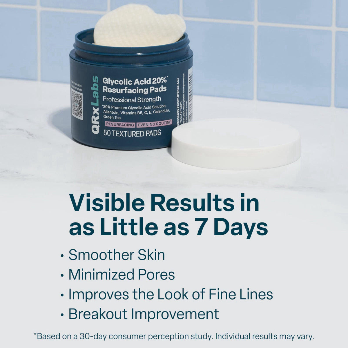 QRxLabs 20% Glycolic Acid Pads - Exfoliating Toner Pads, Face & Body - 50ct – back view and specifications