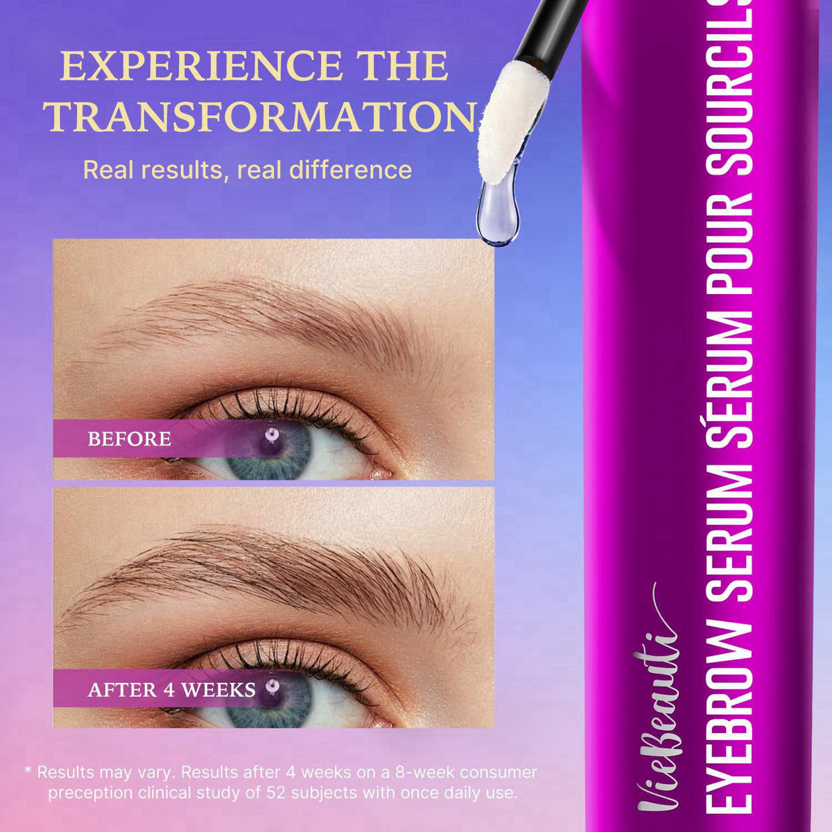 VieBeauti Eyebrow Growth Serum for Longer Fuller Thicker Looking Brows – close-up detail in Purple