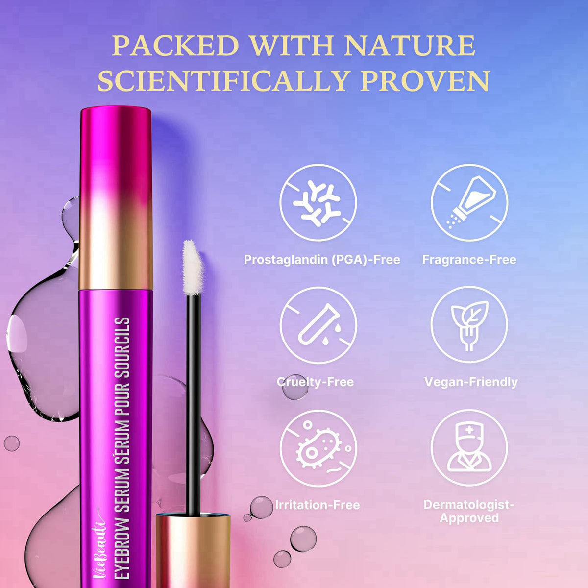 VieBeauti Eyebrow Growth Serum for Longer Fuller Thicker Looking Brows – back view and specifications