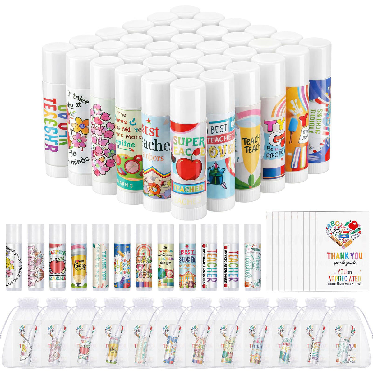 Heigble 36 Set/108 Pcs Teacher Appreciation Gift Bulk Lip Balm Thank You Card Organza Bag Teachers Appreciation Week Gif
