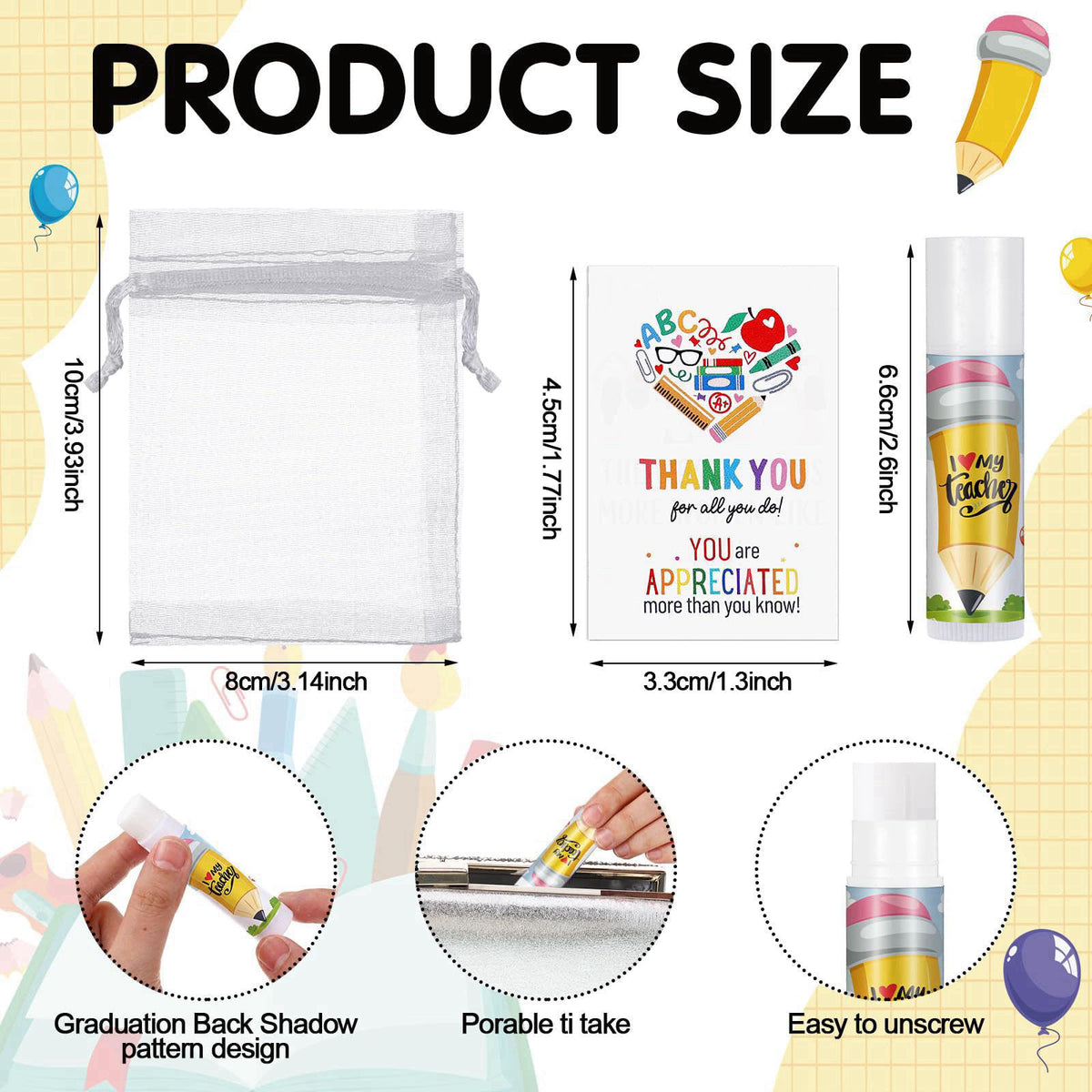 Heigble 36 Set/108 Pcs Teacher Appreciation Gift Bulk Lip Balm Thank You Card Organza Bag Teachers Appreciation Week Gif