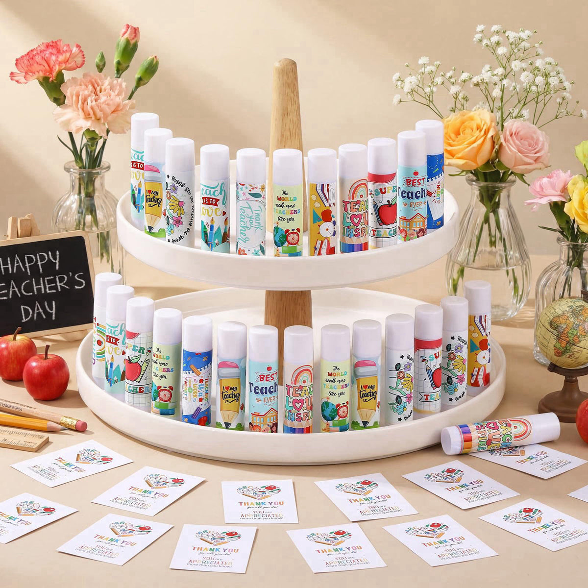 Heigble 36 Set/108 Pcs Teacher Appreciation Gift Bulk Lip Balm Thank You Card Organza Bag Teachers Appreciation Week Gif