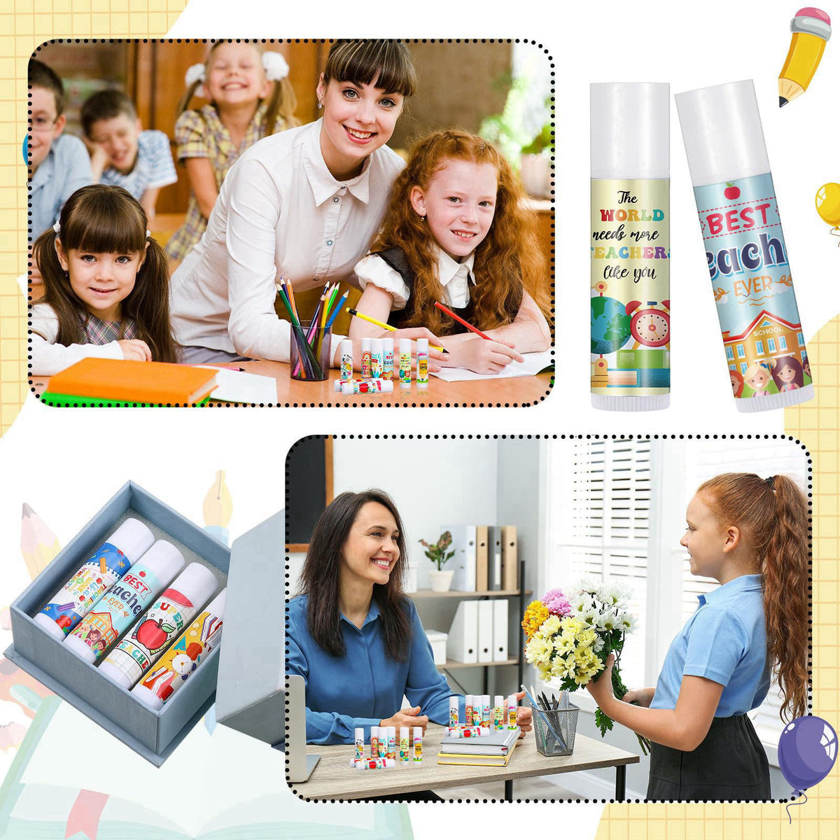 Heigble 36 Set/108 Pcs Teacher Appreciation Gift Bulk Lip Balm Thank You Card Organza Bag Teachers Appreciation Week Gif