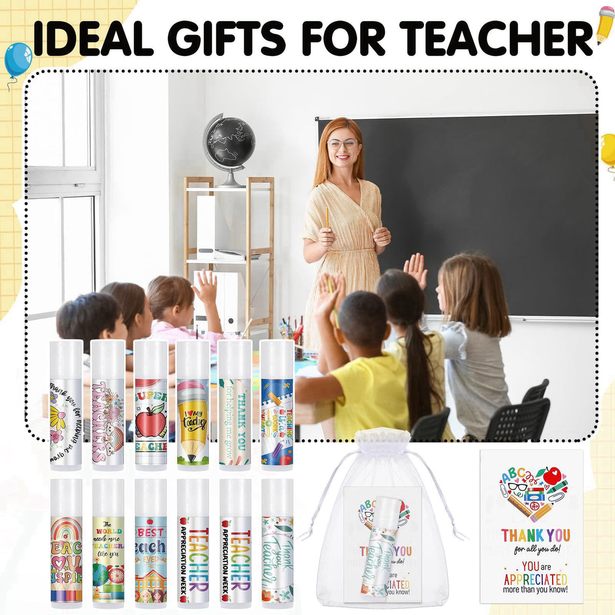 Heigble 36 Set/108 Pcs Teacher Appreciation Gift Bulk Lip Balm Thank You Card Organza Bag Teachers Appreciation Week Gif