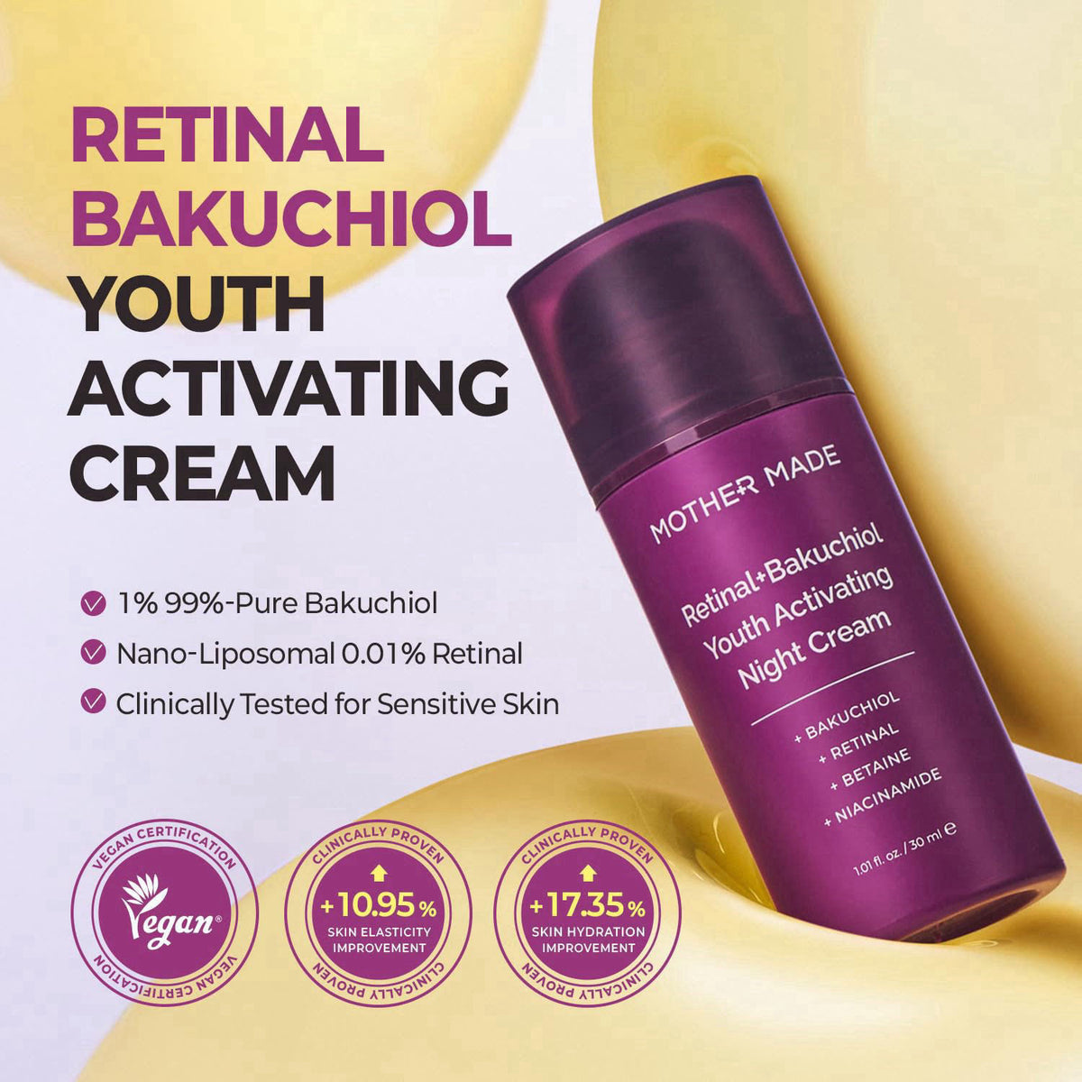 MOTHER MADE Retinol Bakuchiol Night Cream, 1 Fl Oz, Korean Retinal Face Cream to Firm Skin, Reduce Wrinkles, Fine Lines,