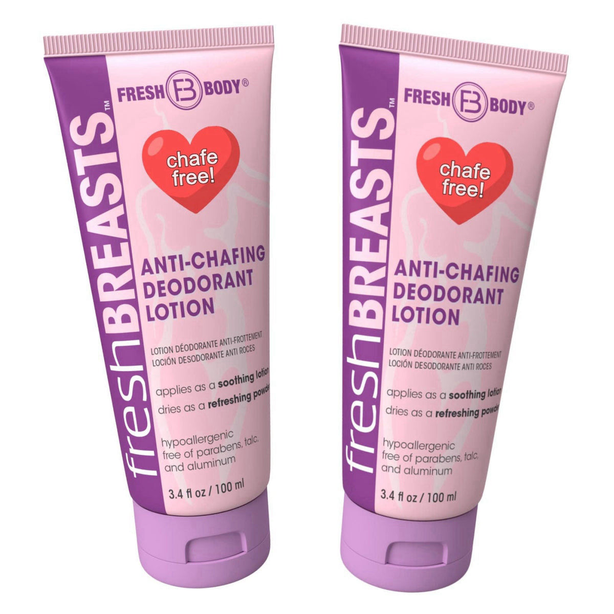 Fresh Body FB Fresh BREASTS Anti Chafing Deodorant Lotion to Powder, 3.4oz (2 Pack) - Anti Chafe Cream Whole Body Deodor