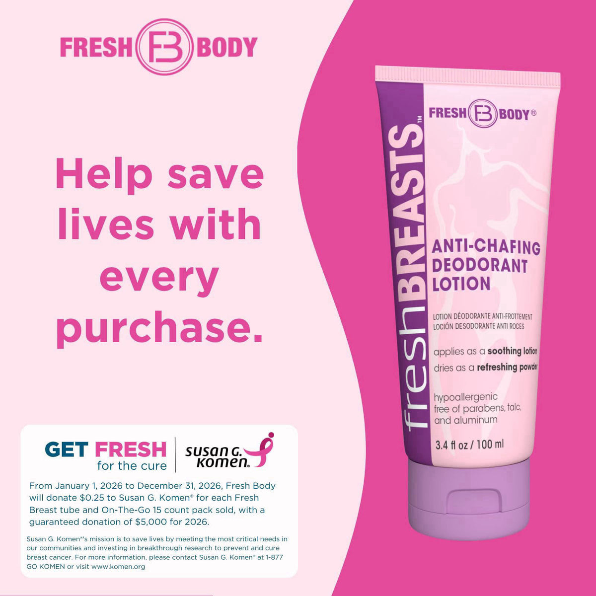 Fresh Body FB Fresh BREASTS Anti Chafing Deodorant Lotion to Powder, 3.4oz (2 Pack) - Anti Chafe Cream Whole Body Deodor
