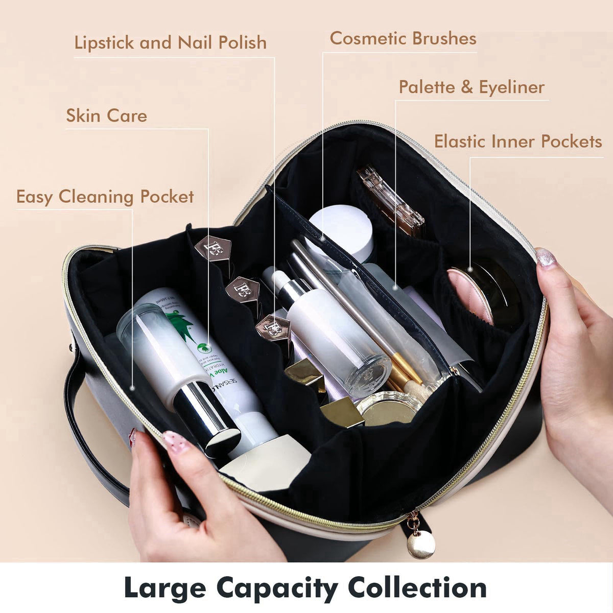 Prite Makeup Bag Travel Toiletry Bag Open Flat Cosmetic Organizer for Women – packaging and label