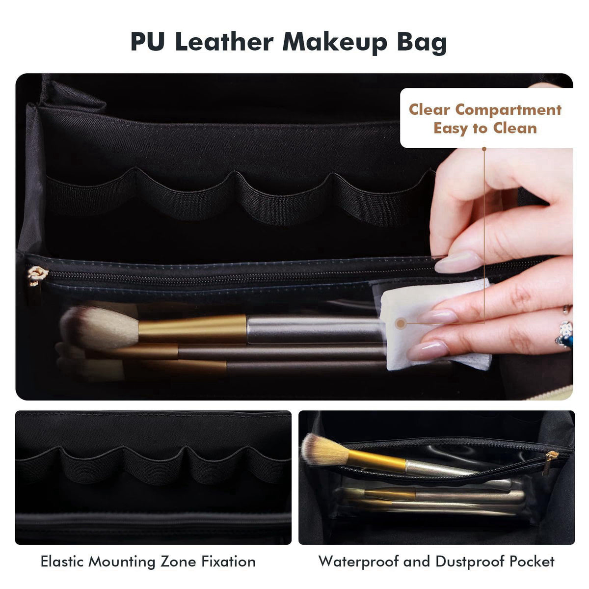 Prite Makeup Bag Travel Toiletry Bag Open Flat Cosmetic Organizer for Women – back view and specifications