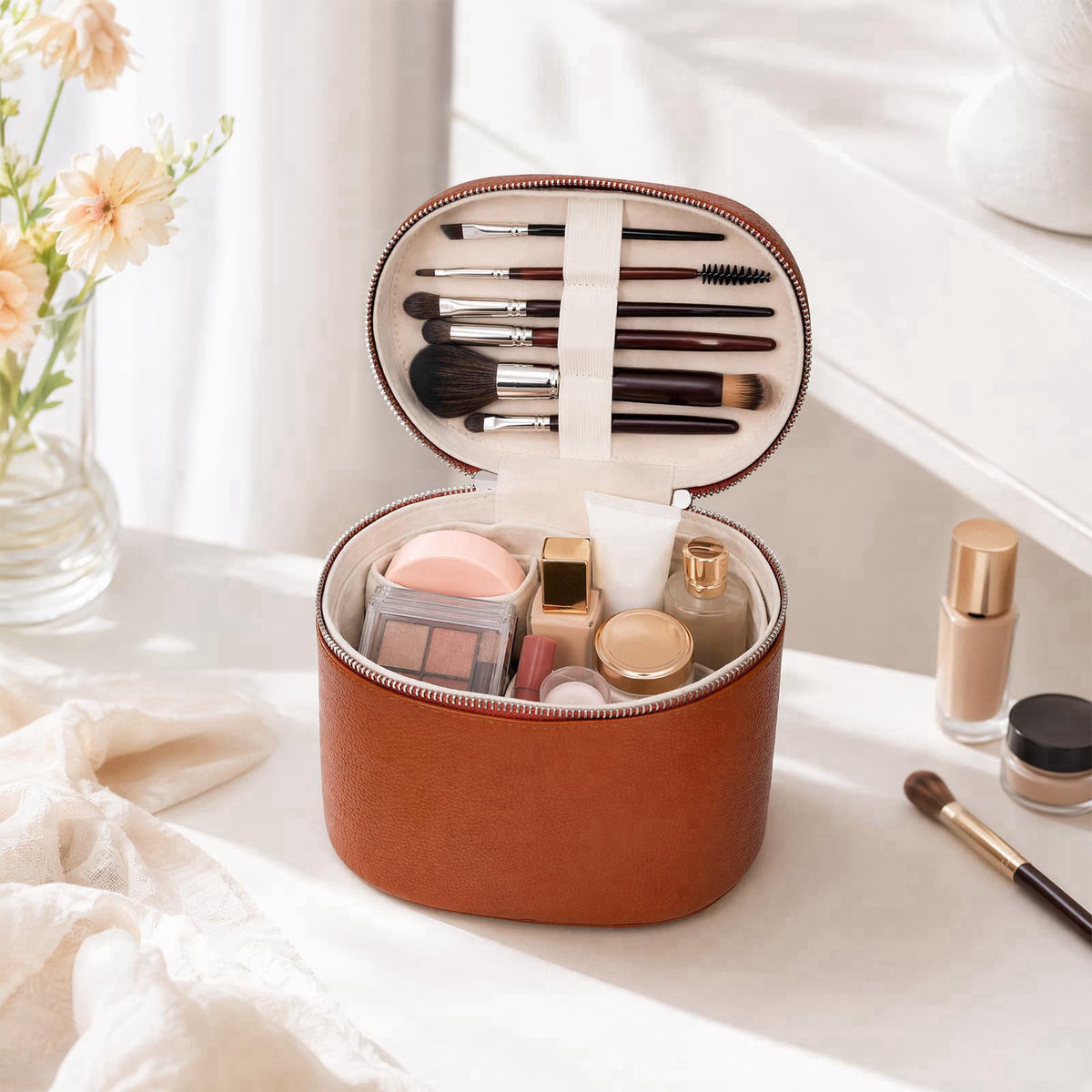 idoltimes Cosmetic Case, Leather Makeup Bag, Portable Handheld Makeup Case, Detachable Compartments – close-up detail in