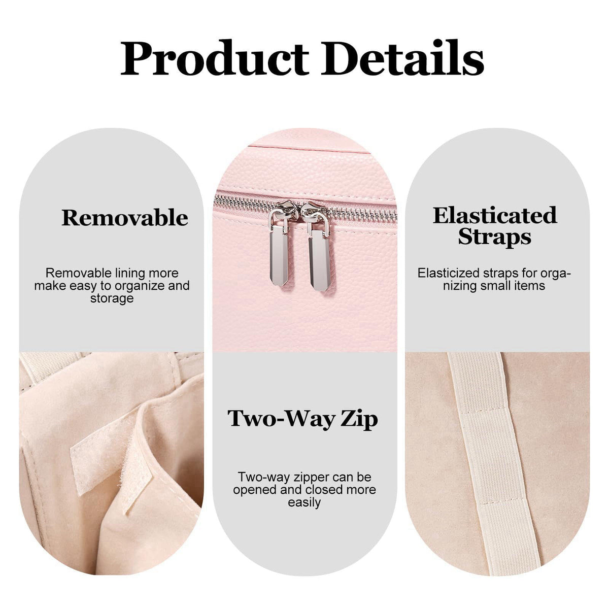 idoltimes Cosmetic Case, Leather Makeup Bag, Portable Handheld Makeup Case, Detachable Compartments – back view and spec