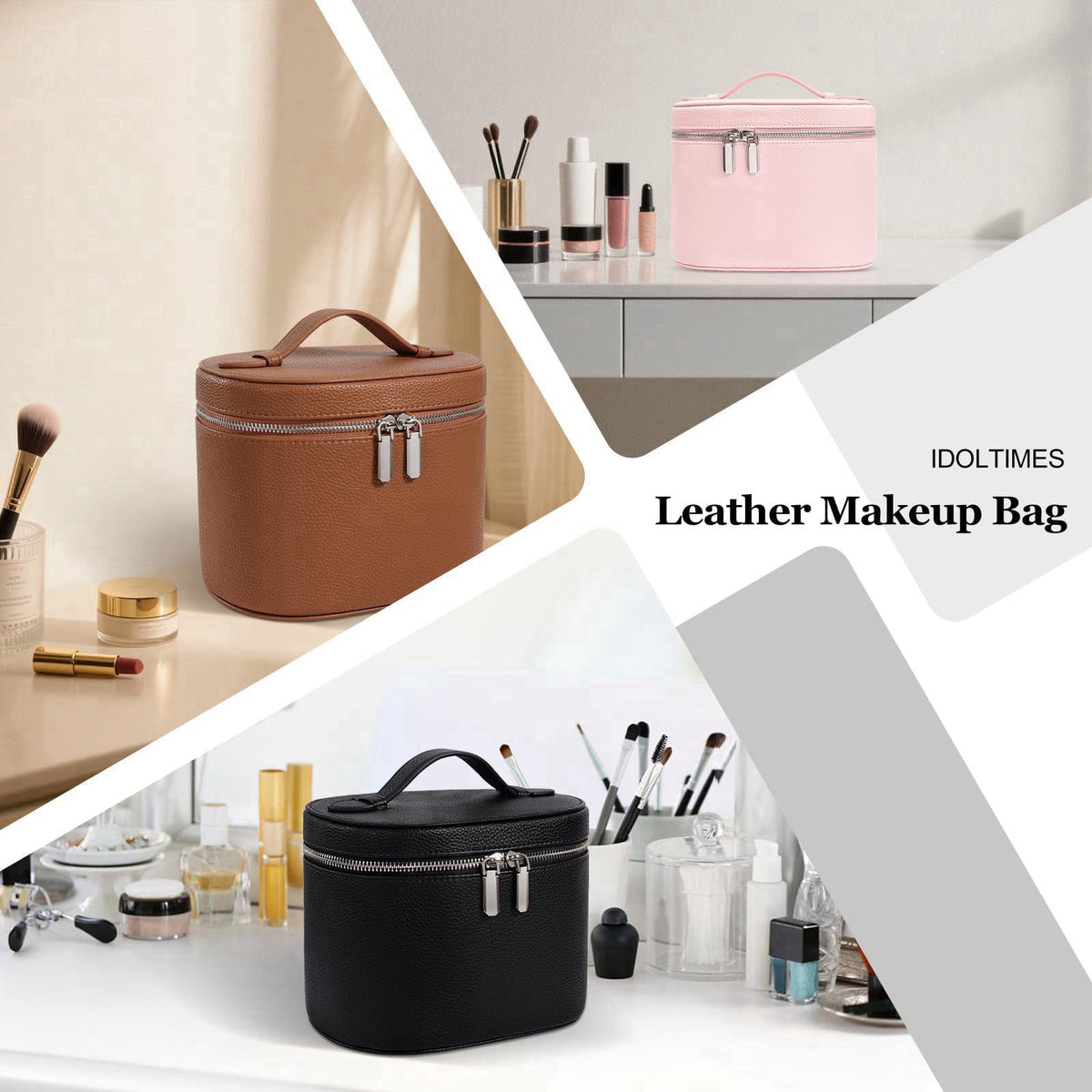 idoltimes Cosmetic Case, Leather Makeup Bag, Portable Handheld Makeup Case, Detachable Compartments – alternate angle