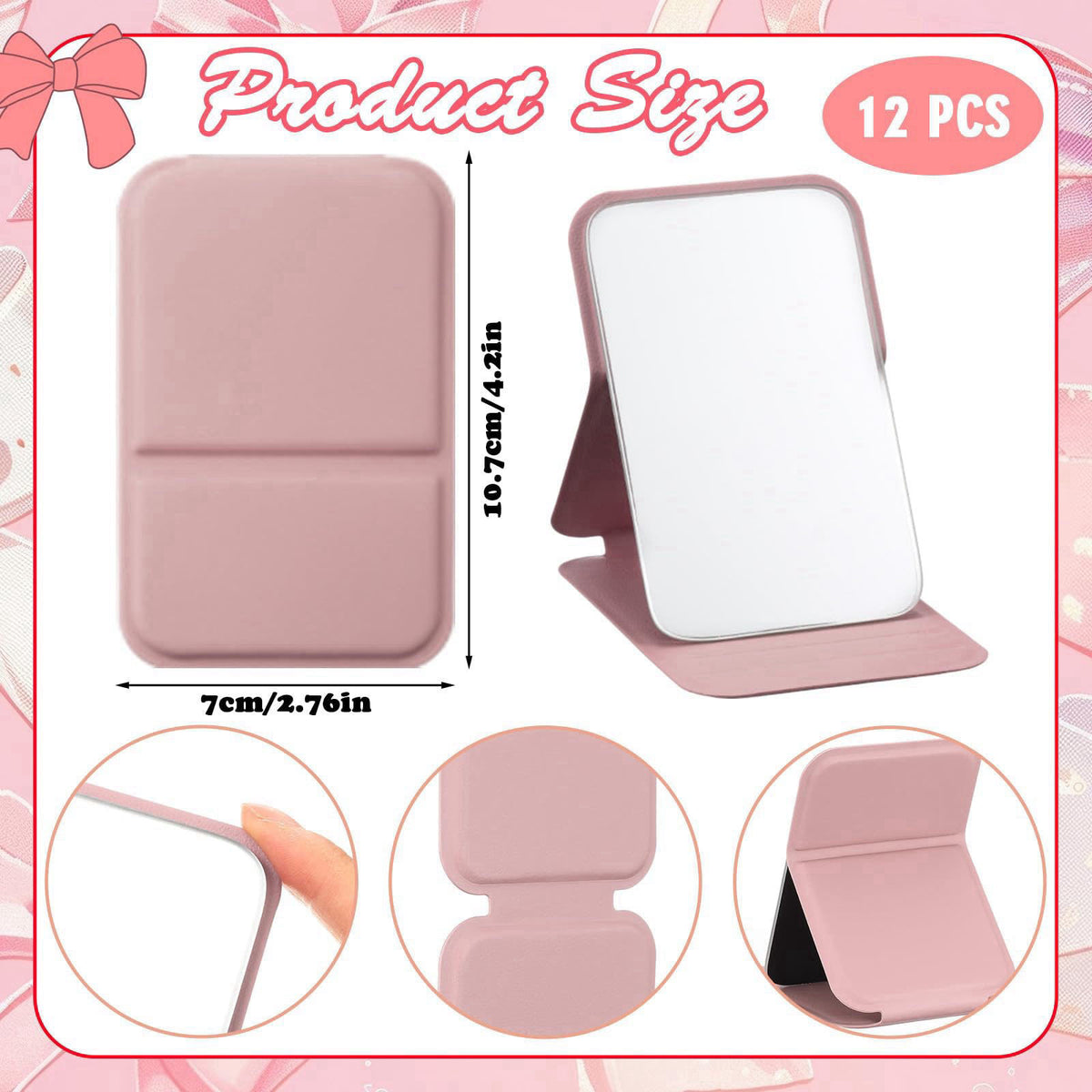 Fiwochic Compact Portable Mirror Bulk, Rectangle, Pink, 12 Pcs – close-up detail in Pink