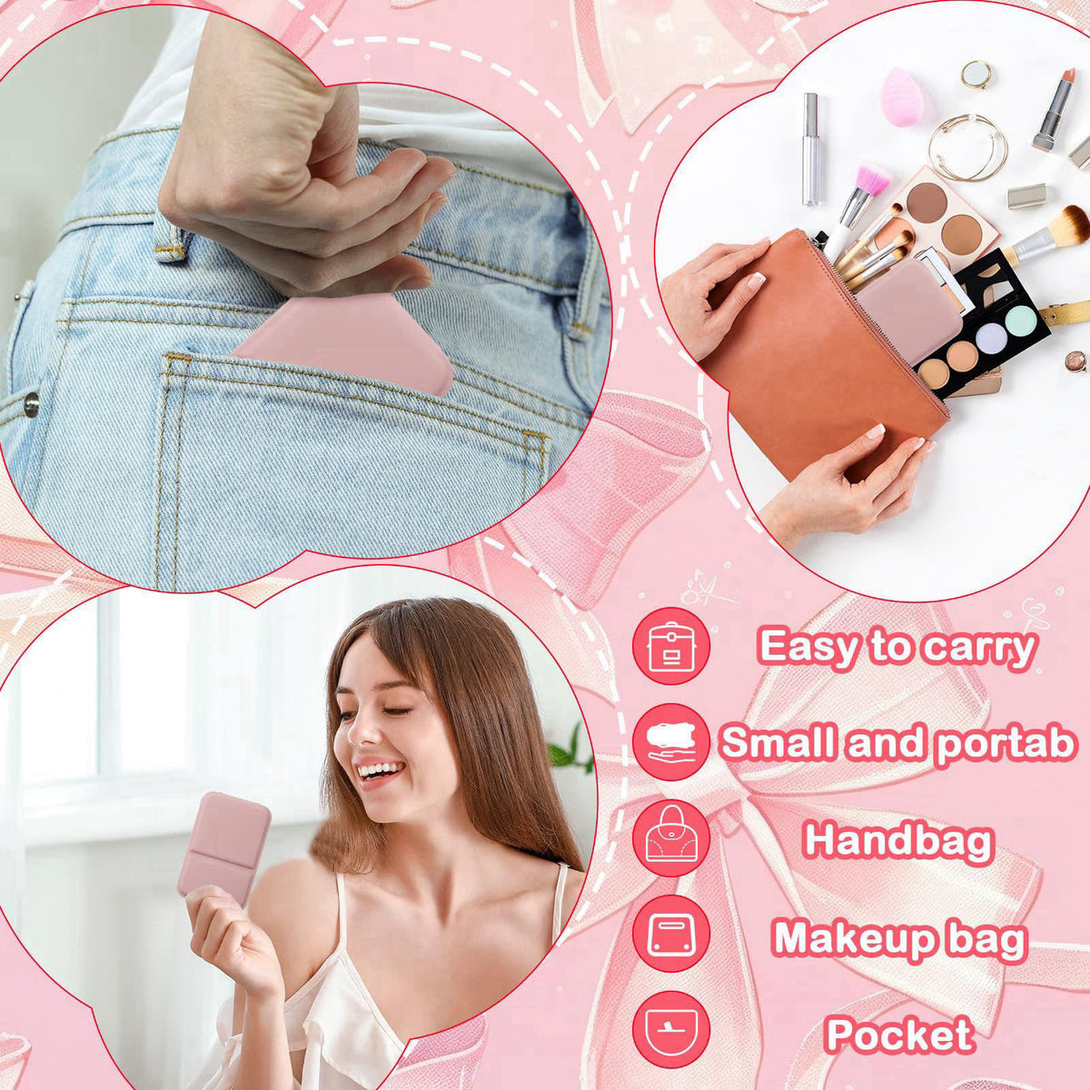 Fiwochic Compact Portable Mirror Bulk, Rectangle, Pink, 12 Pcs – back view and specifications