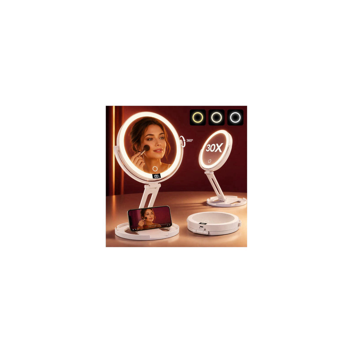 Velmelle Travel Makeup Mirror with Lights, 1X/30X Double-Sided Magnifying Mirror – product photo (Mirrors)