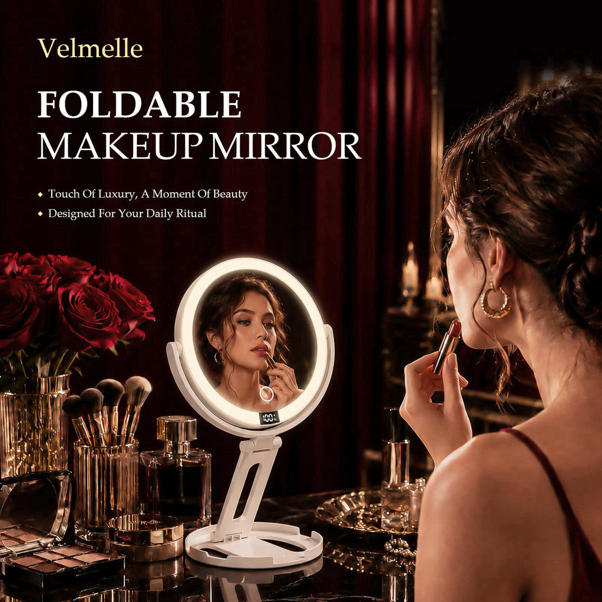 Velmelle Travel Makeup Mirror with Lights, 1X/30X Double-Sided Magnifying Mirror – packaging and label