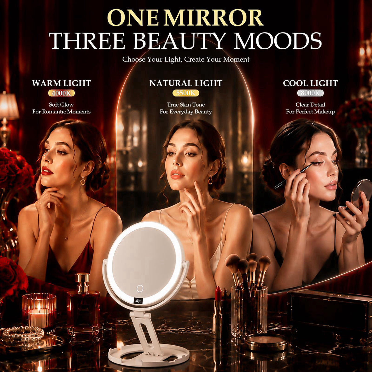 Velmelle Travel Makeup Mirror with Lights, 1X/30X Double-Sided Magnifying Mirror – full view