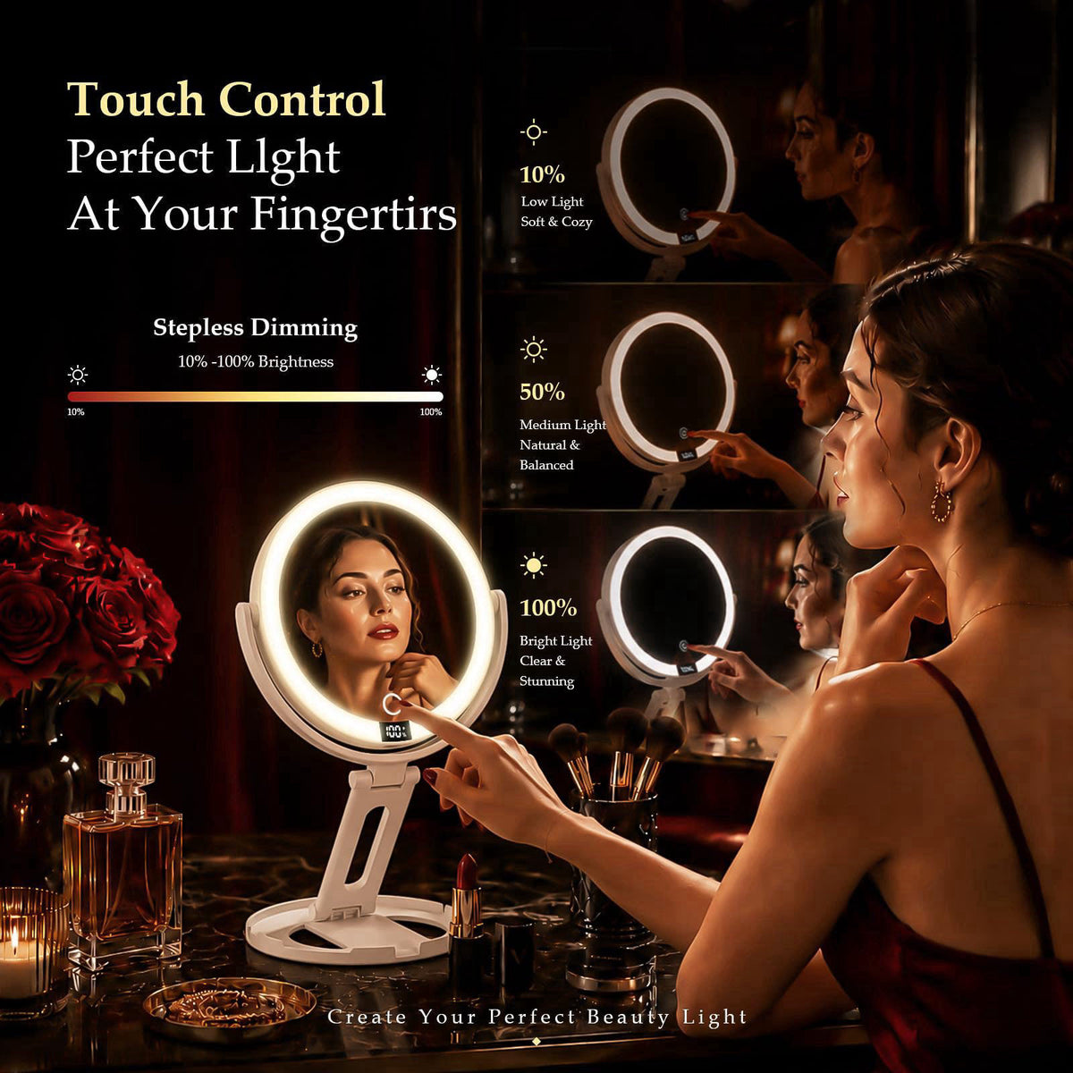 Velmelle Travel Makeup Mirror with Lights, 1X/30X Double-Sided Magnifying Mirror – back view and specifications