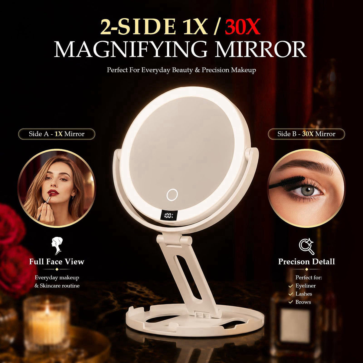 Velmelle Travel Makeup Mirror with Lights, 1X/30X Double-Sided Magnifying Mirror – alternate angle