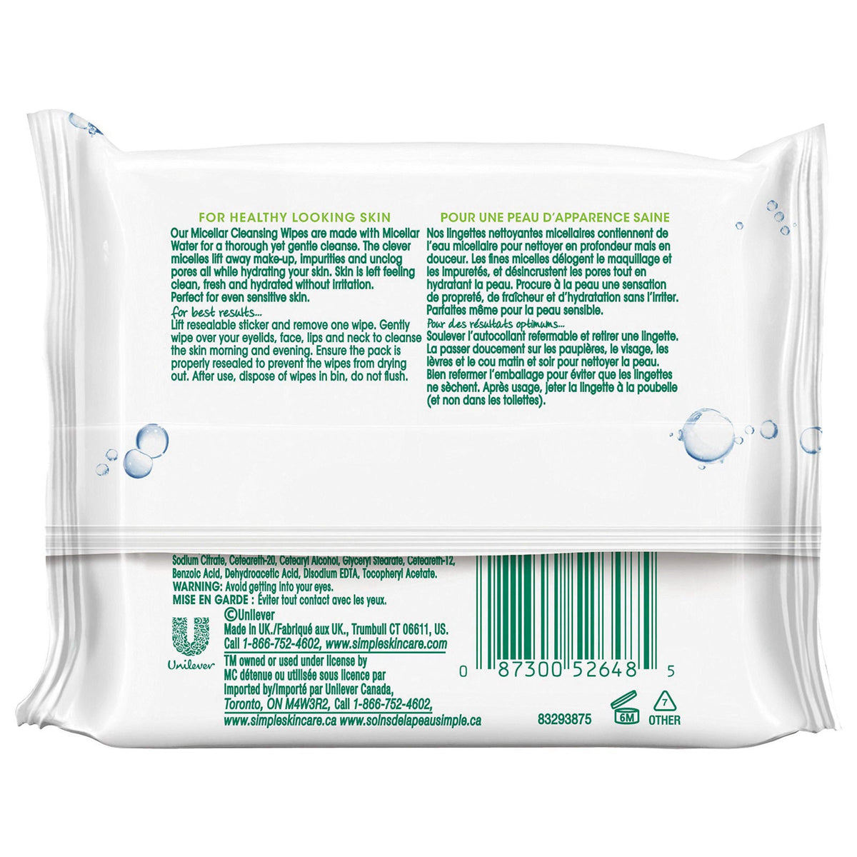 Simple Kind to Skin Cleansing Wipes Micellar 4 Count Gentle and Effective Makeup Remover Free From Color and Dye, Artifi