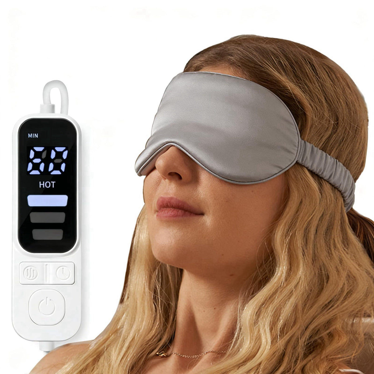 FlexTherm Silk-like Heated Eye Mask for Dry Eyes, MGD, Blepharitis, Stye, Grey – back view and specifications