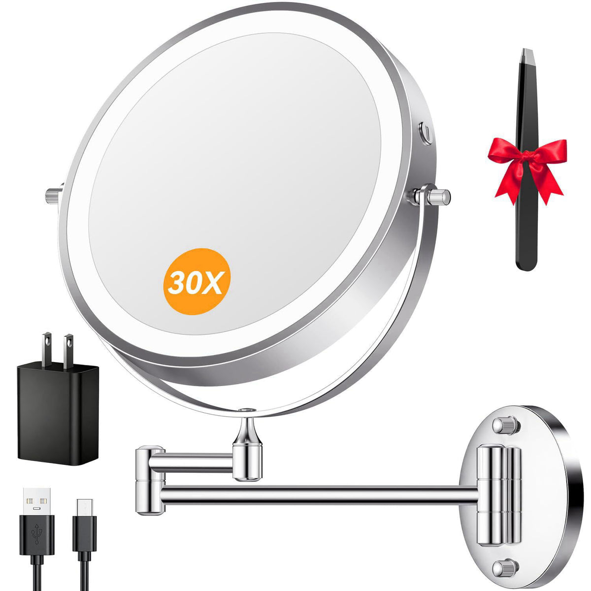 Auxmir 9″ 5000mAh 1X/30X Wall Mounted Lighted Magnifying Makeup Mirror – Chrome Nickel Black White Nickel Chrome Nickel,