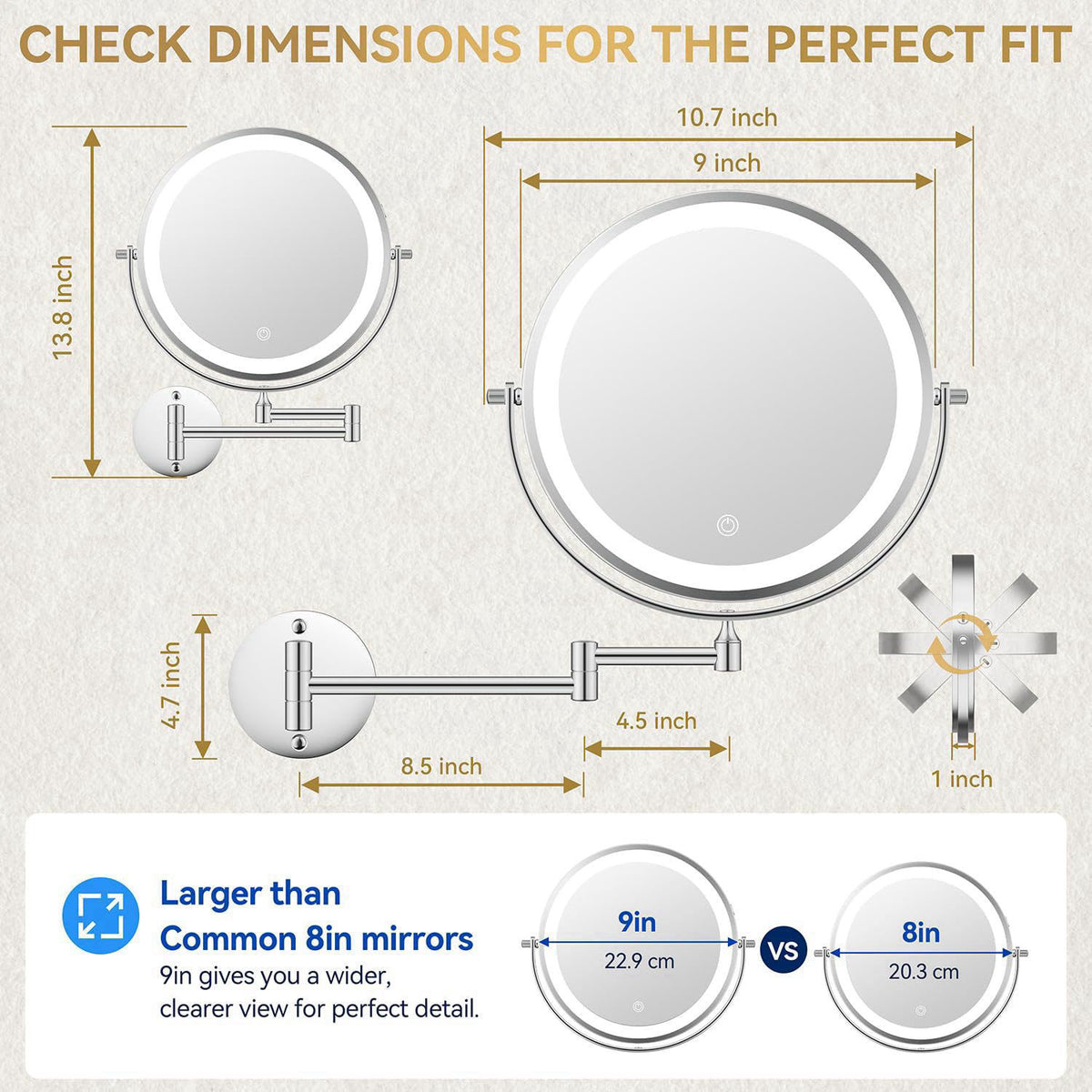 Auxmir 9″ 5000mAh 1X/30X Wall Mounted Lighted Magnifying Makeup Mirror – close-up detail in Chrome Nickel Black White Ni