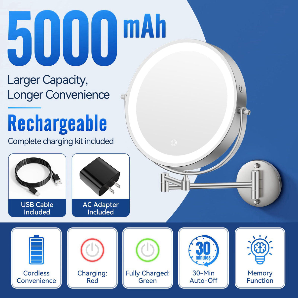 Auxmir 9″ 5000mAh 1X/30X Wall Mounted Lighted Magnifying Makeup Mirror – full view, size 9'' 8'' 8&#