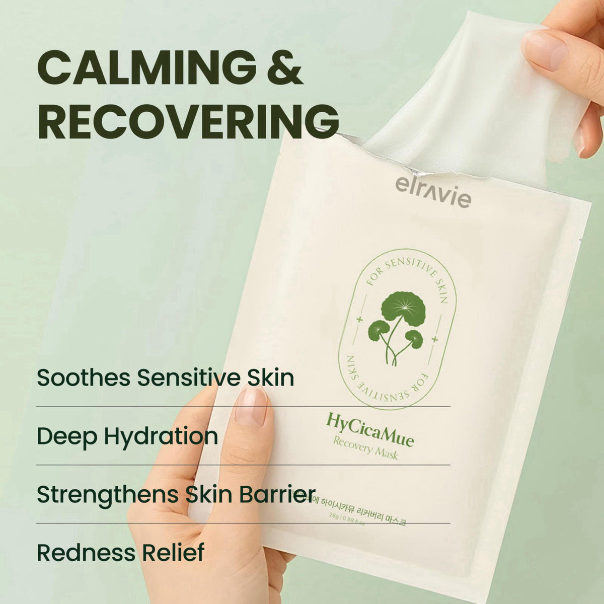 elravie HyCicaMue Recovery Mask(10ea) | Cica Sheet Mask for Sensitive Skin – back view and specifications