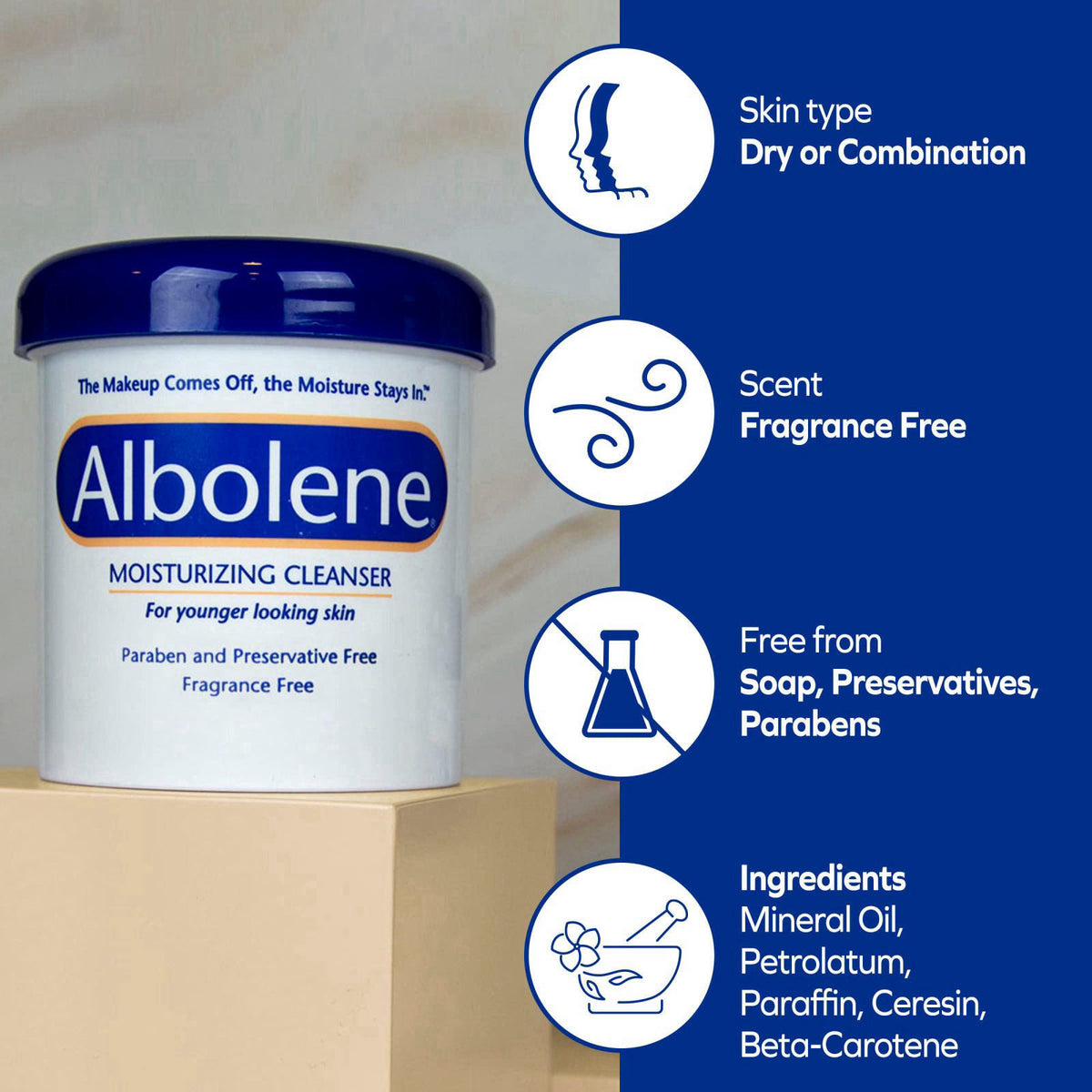 Albolene Moisturizing Cleanser & Makeup Remover, Fragrance-Free, 12oz (2pk) – back view and specifications