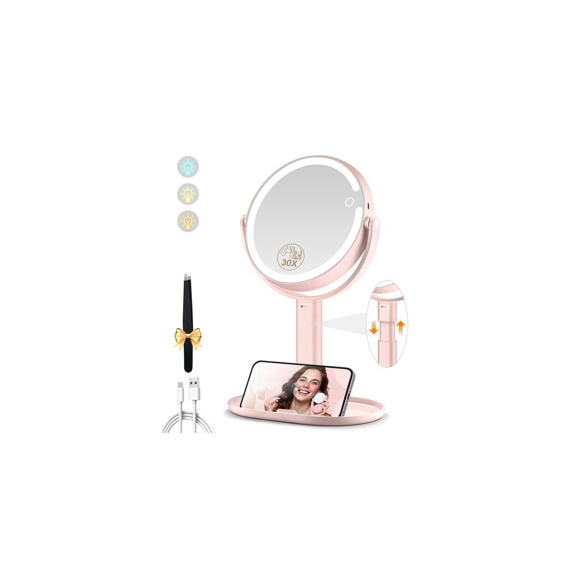MOMOKUBA Makeup Mirror with Lights, 30X Magnifying Mirrors, Height Adjustable, Vanity Mirror with Lights Rechargeable 3 