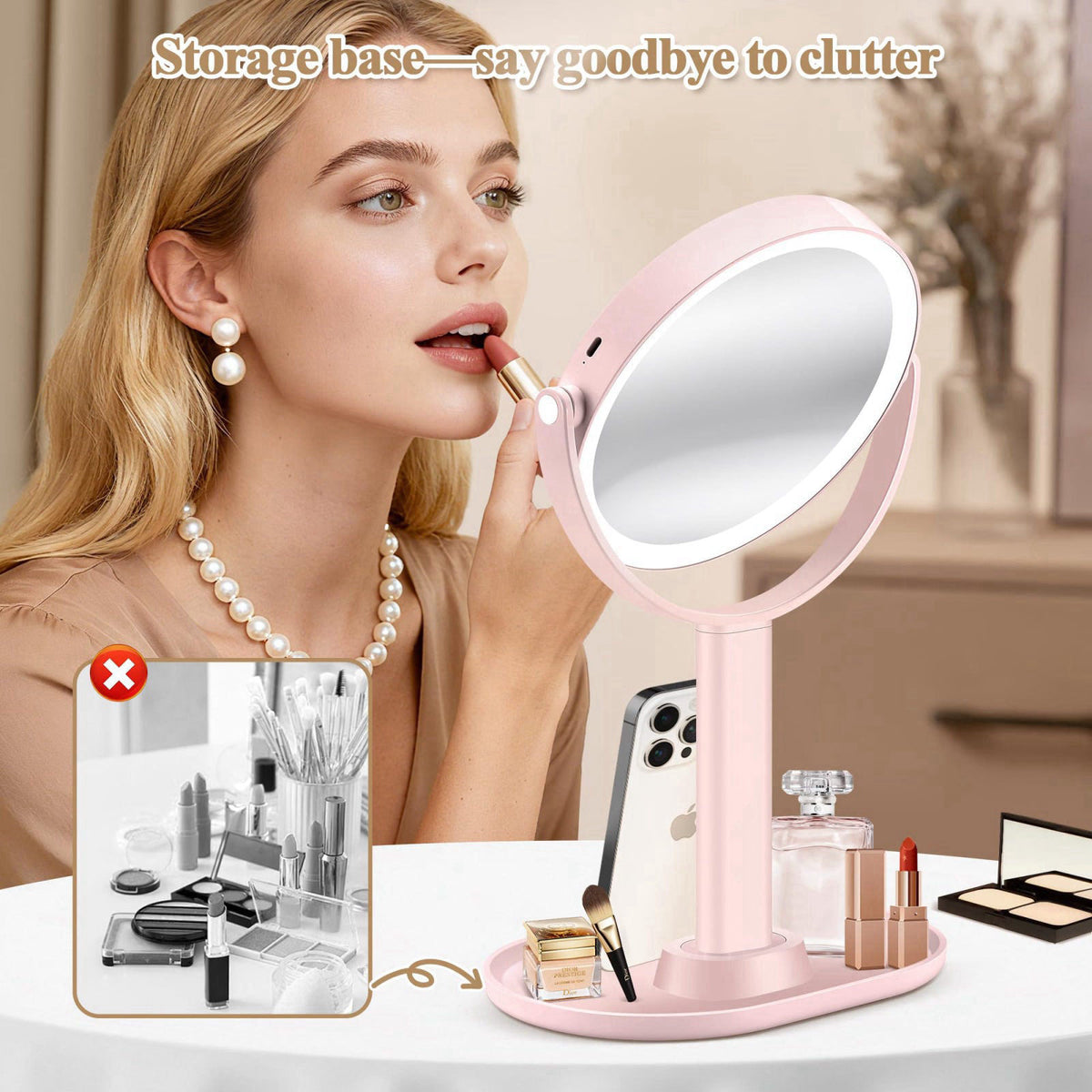 MOMOKUBA Makeup Mirror with Lights, 30X Magnifying Mirrors, Height Adjustable, Vanity Mirror with Lights Rechargeable 3 