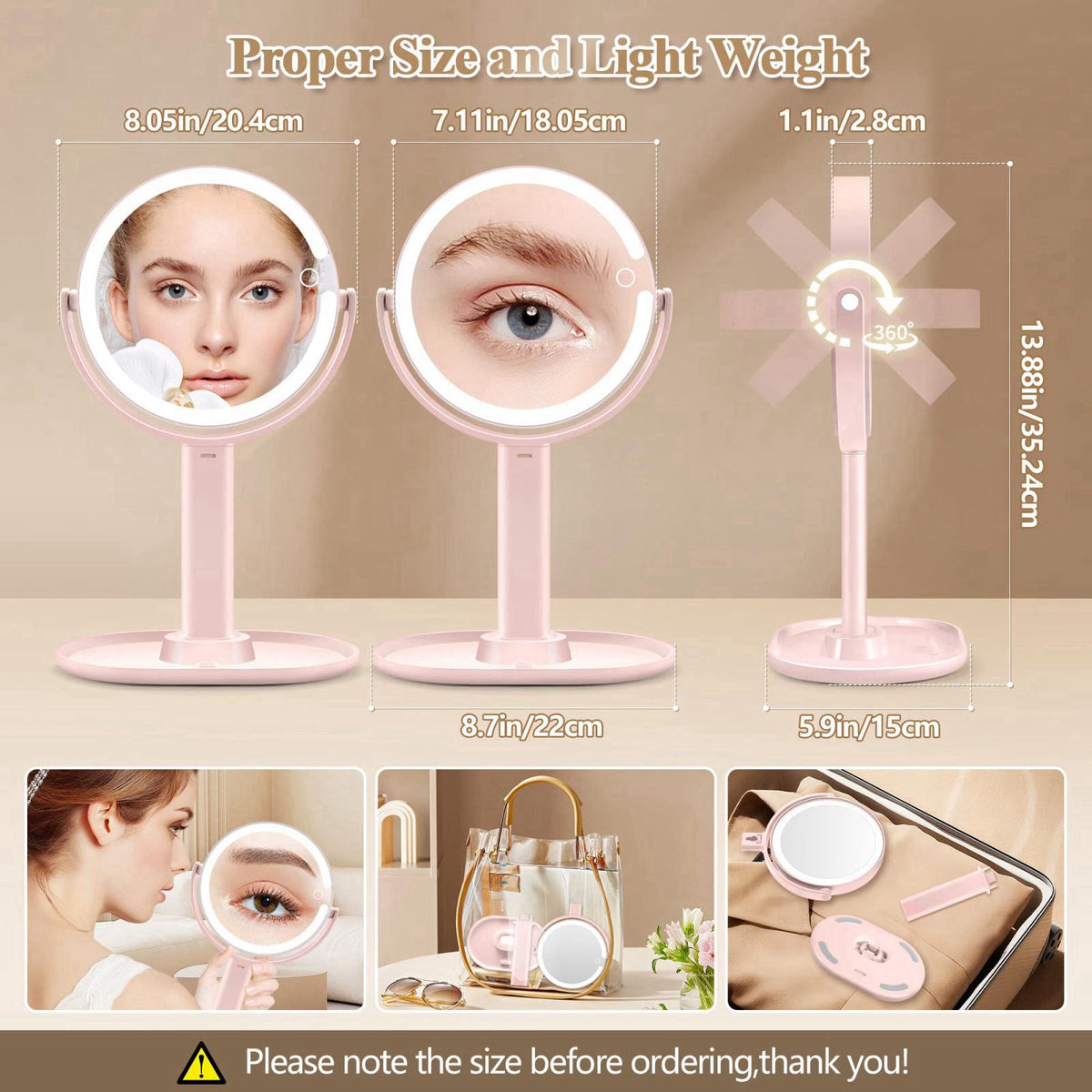 MOMOKUBA Makeup Mirror with Lights, 30X Magnifying Mirrors, Height Adjustable, Vanity Mirror with Lights Rechargeable 3 