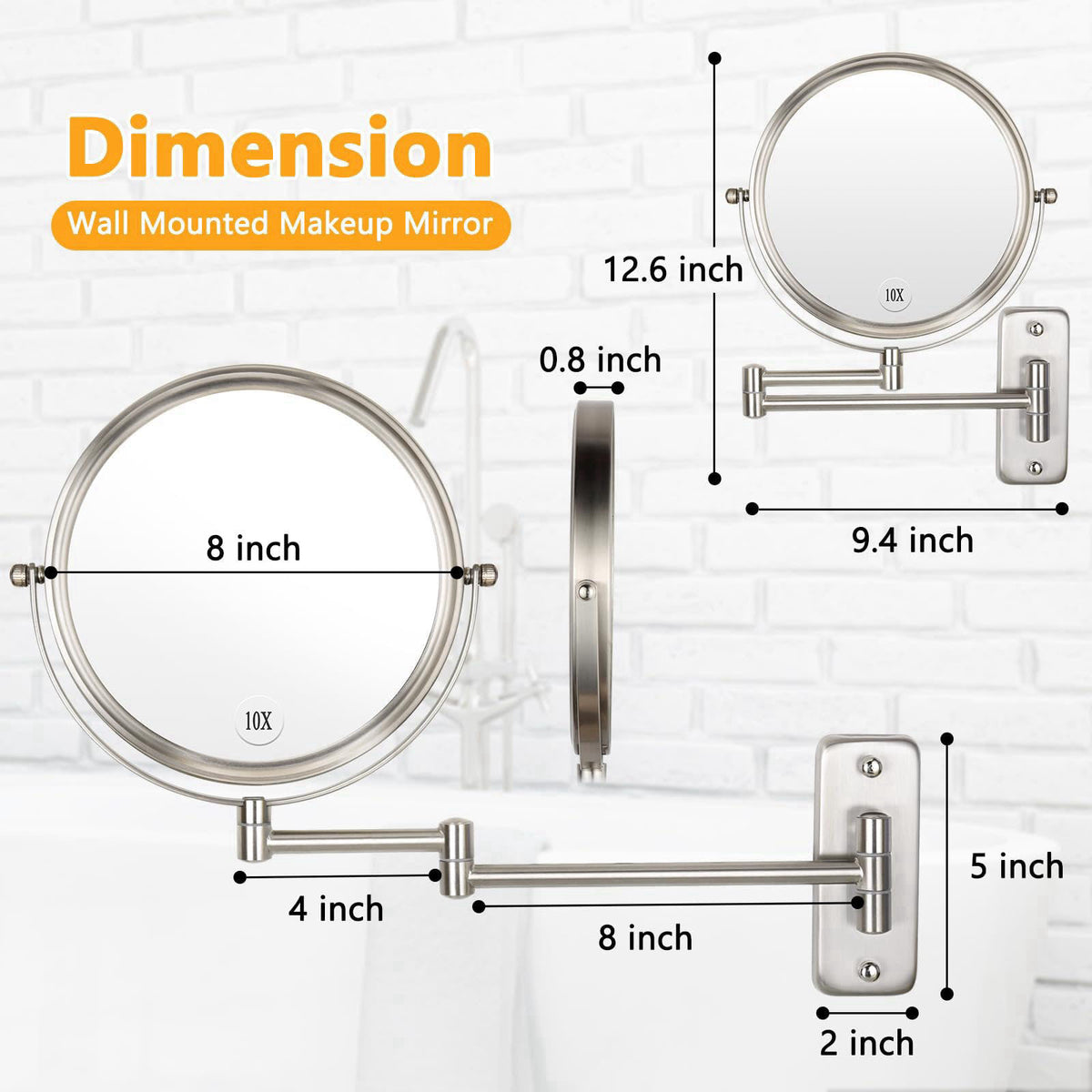 ALHAKIN Wall Mounted Makeup Mirror - 1X/10X Magnifying Mirror Double Sided, 8 Inch Extendable Bathroom Mirror, Nickel Fi