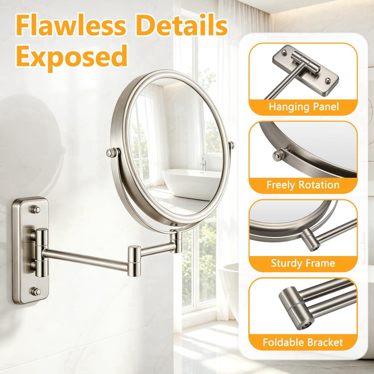 ALHAKIN Wall Mounted Makeup Mirror - 1X/10X Magnifying Mirror Double Sided, 8 Inch Extendable Bathroom Mirror, Nickel Fi