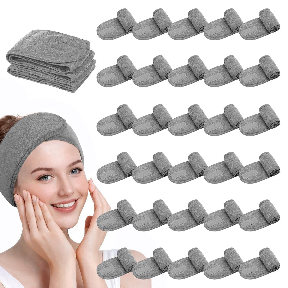 SHENGYIWA 30 Pack Adjustable Spa Headband for Women Non-Slip Facial Hair Wrap for Washing Face, Makeup, Shower, Skincare