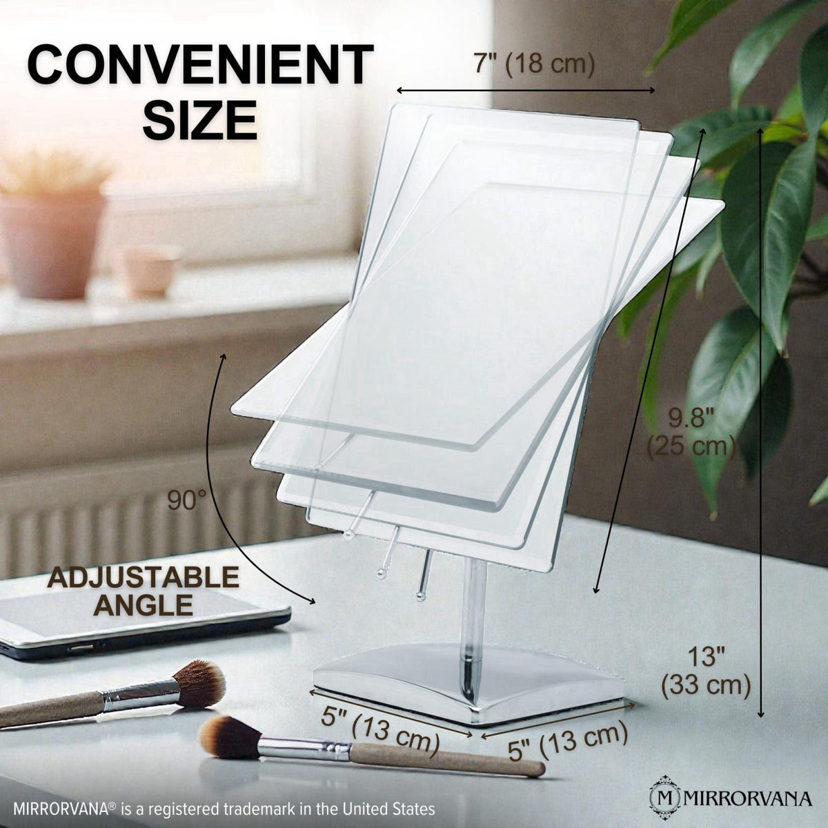 MIRRORVANA Large Table Desk Mirror with Stand, 9.8" x 7" (Chrome) – close-up detail in Chrome