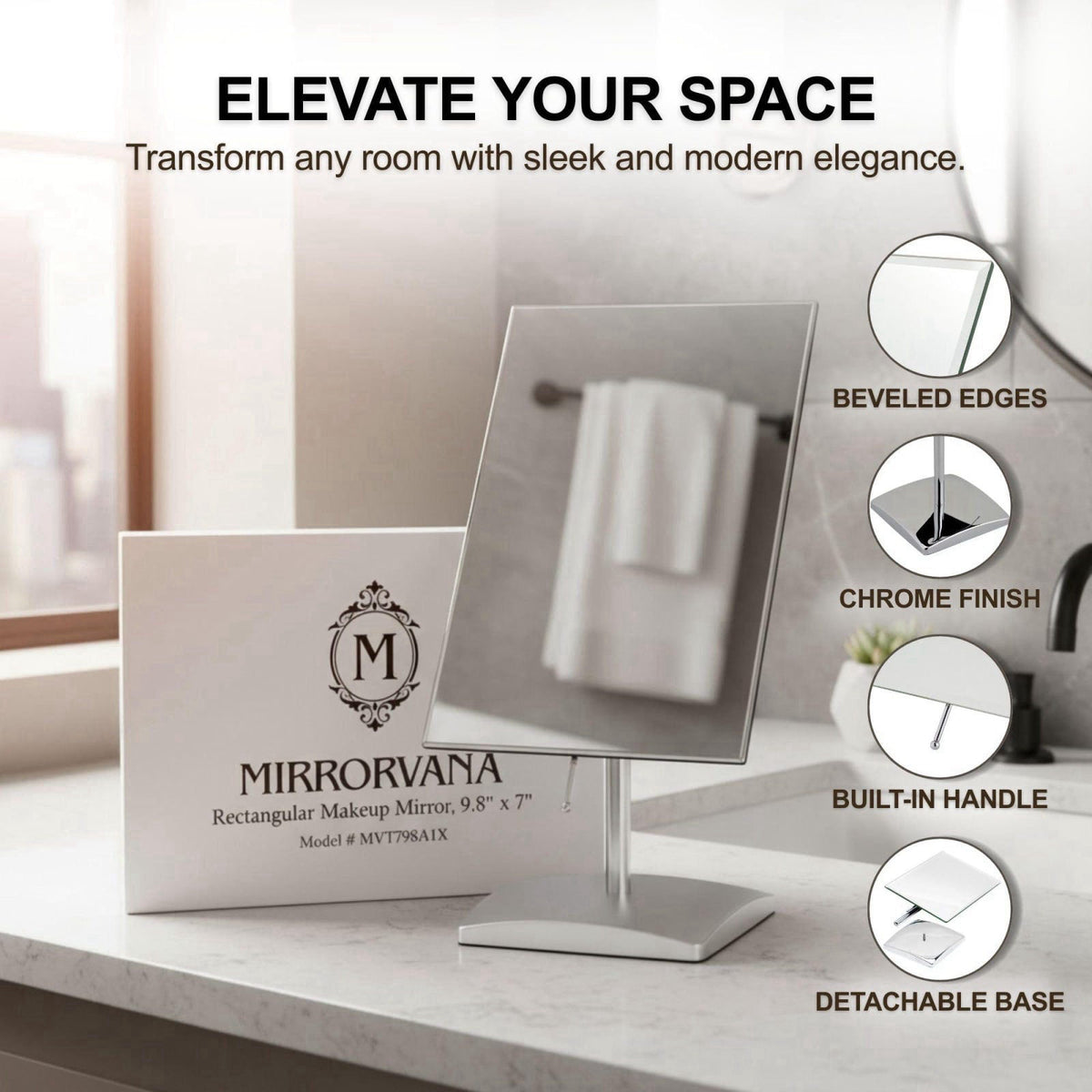 MIRRORVANA Large Table Desk Mirror with Stand, 9.8" x 7" (Chrome) – packaging and label