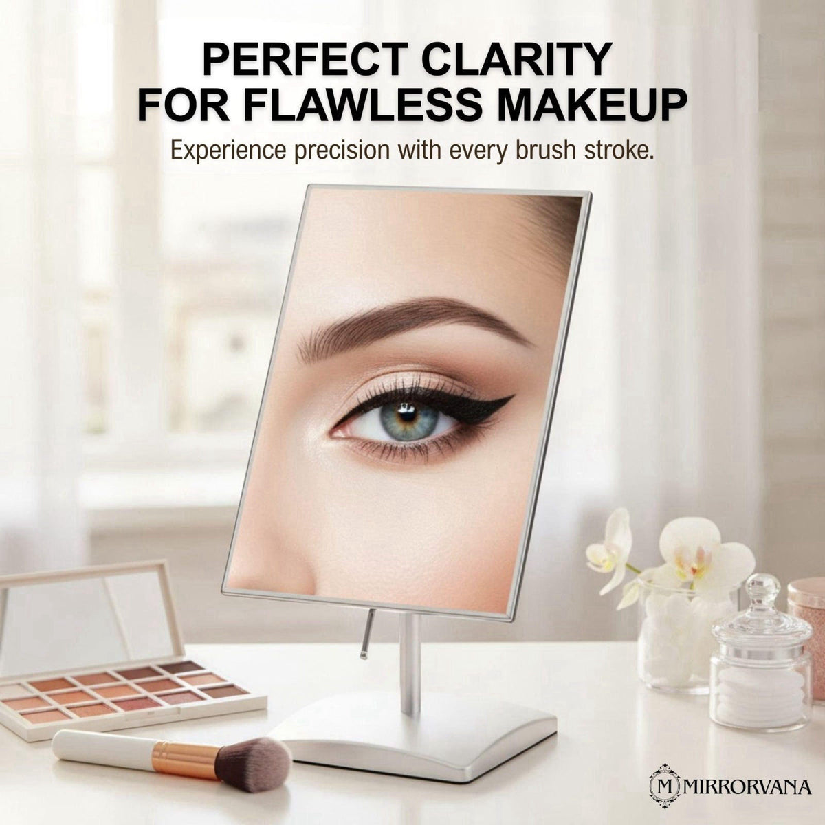 MIRRORVANA Large Table Desk Mirror with Stand, 9.8" x 7" (Chrome) – back view and specifications