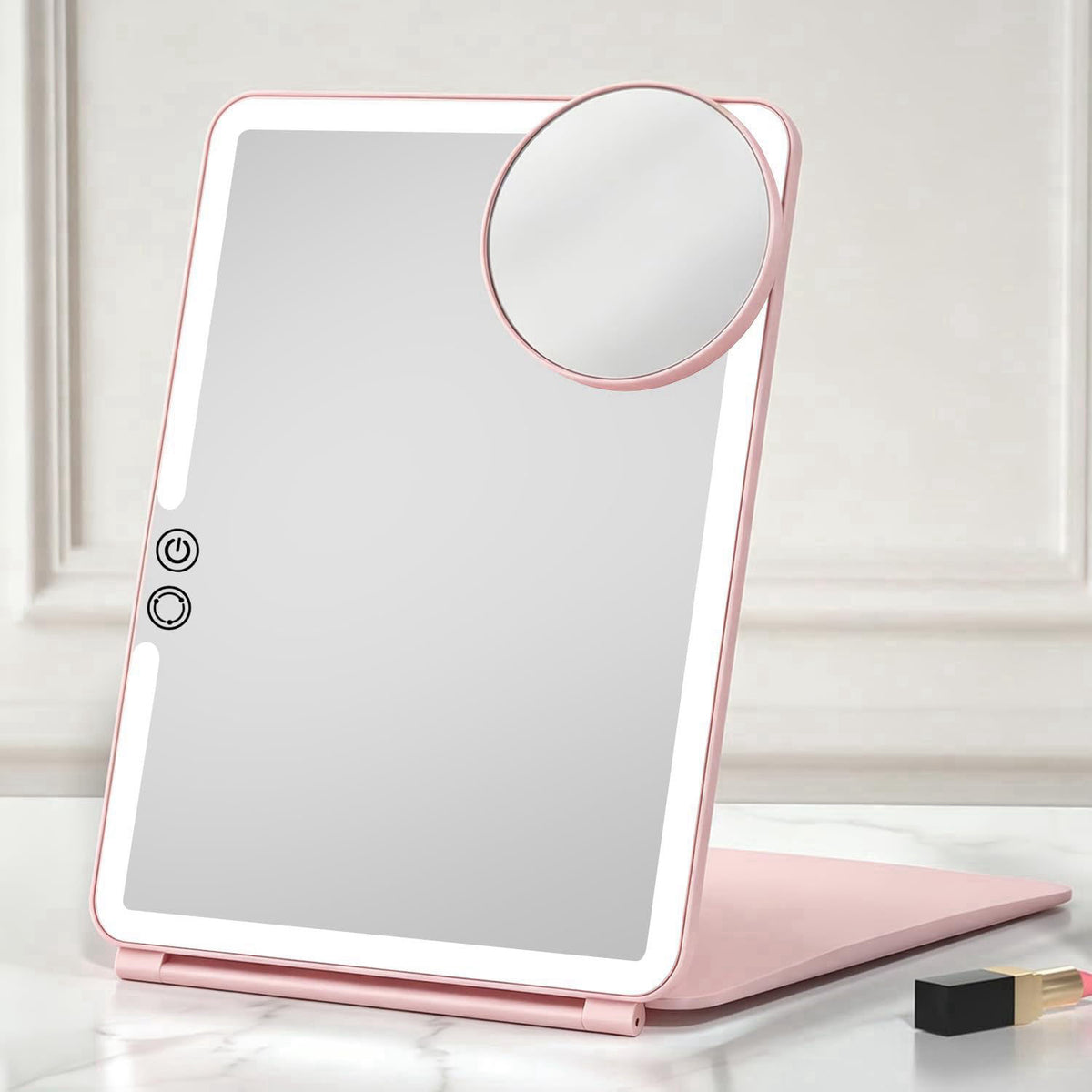 FUNTOUCH 2500mAh Large Rechargeable Travel Makeup Mirror with Light – Pink a, Plastic