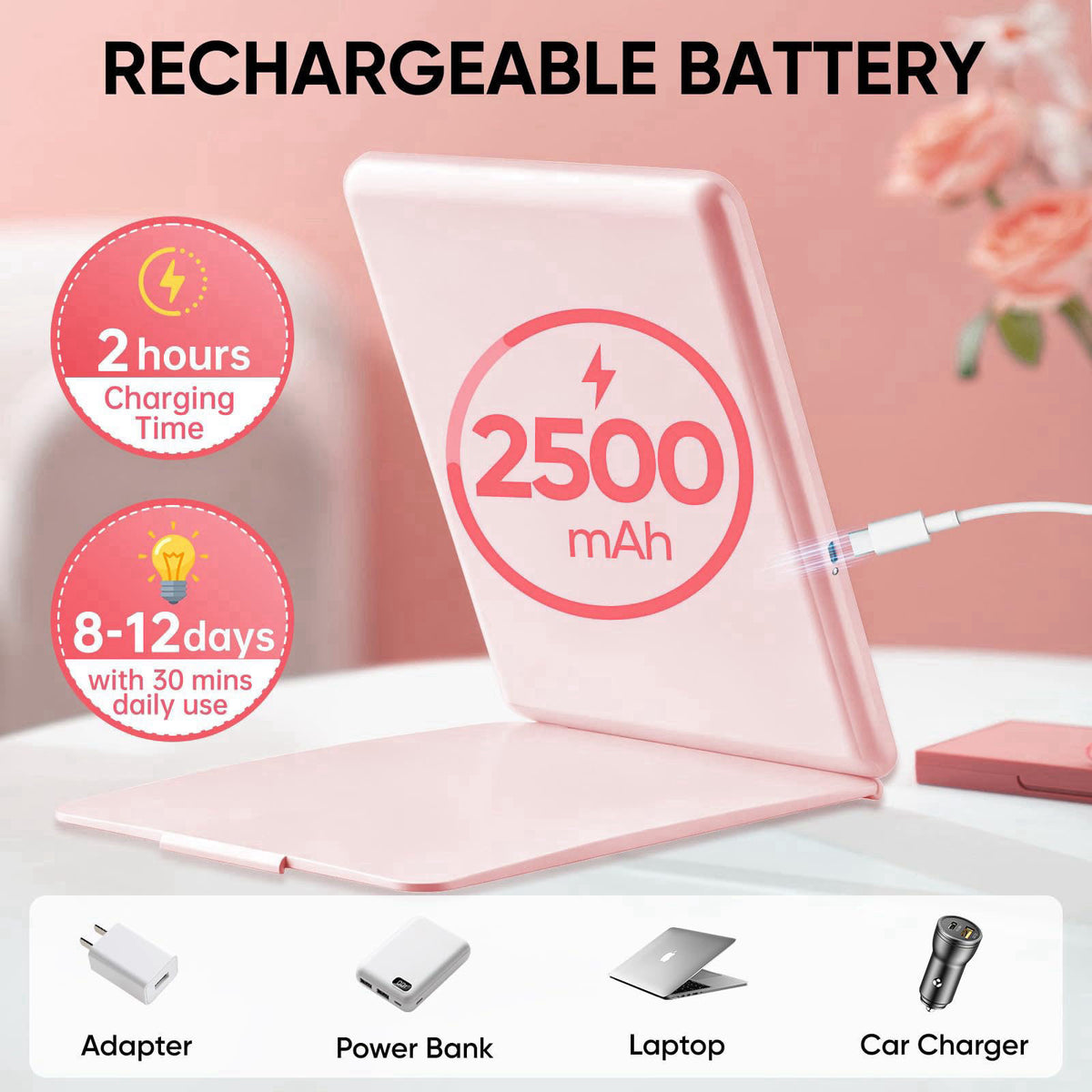 FUNTOUCH 2500mAh Large Rechargeable Travel Makeup Mirror with Light – full view