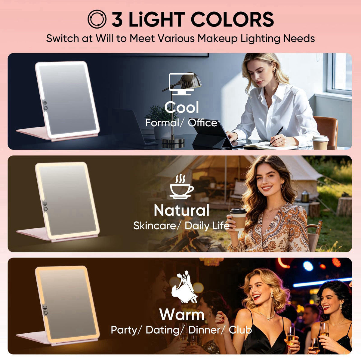 FUNTOUCH 2500mAh Large Rechargeable Travel Makeup Mirror with Light – back view and specifications