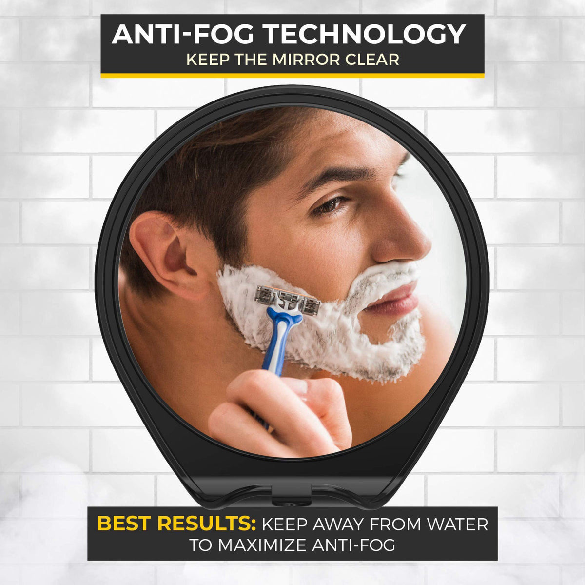HONEYBULL Fogless Shower Mirror for Shaving with Suction Mount, Black – back view and specifications