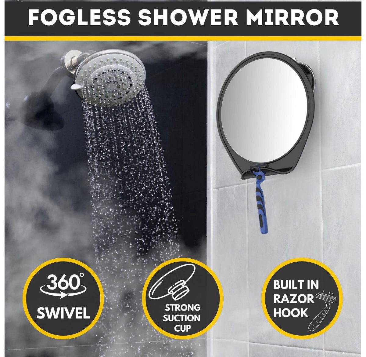 HONEYBULL Fogless Shower Mirror for Shaving with Suction Mount, Black – alternate angle
