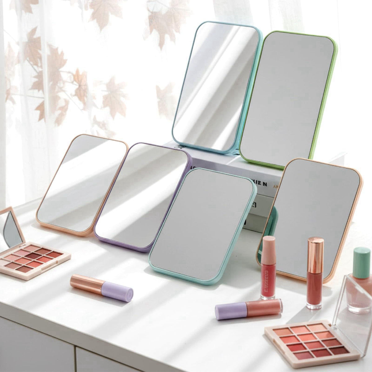 Honeydak 16 Pcs Desktop Makeup Mirror Bulk Table Mirrors Stand, Colorful – packaging and label