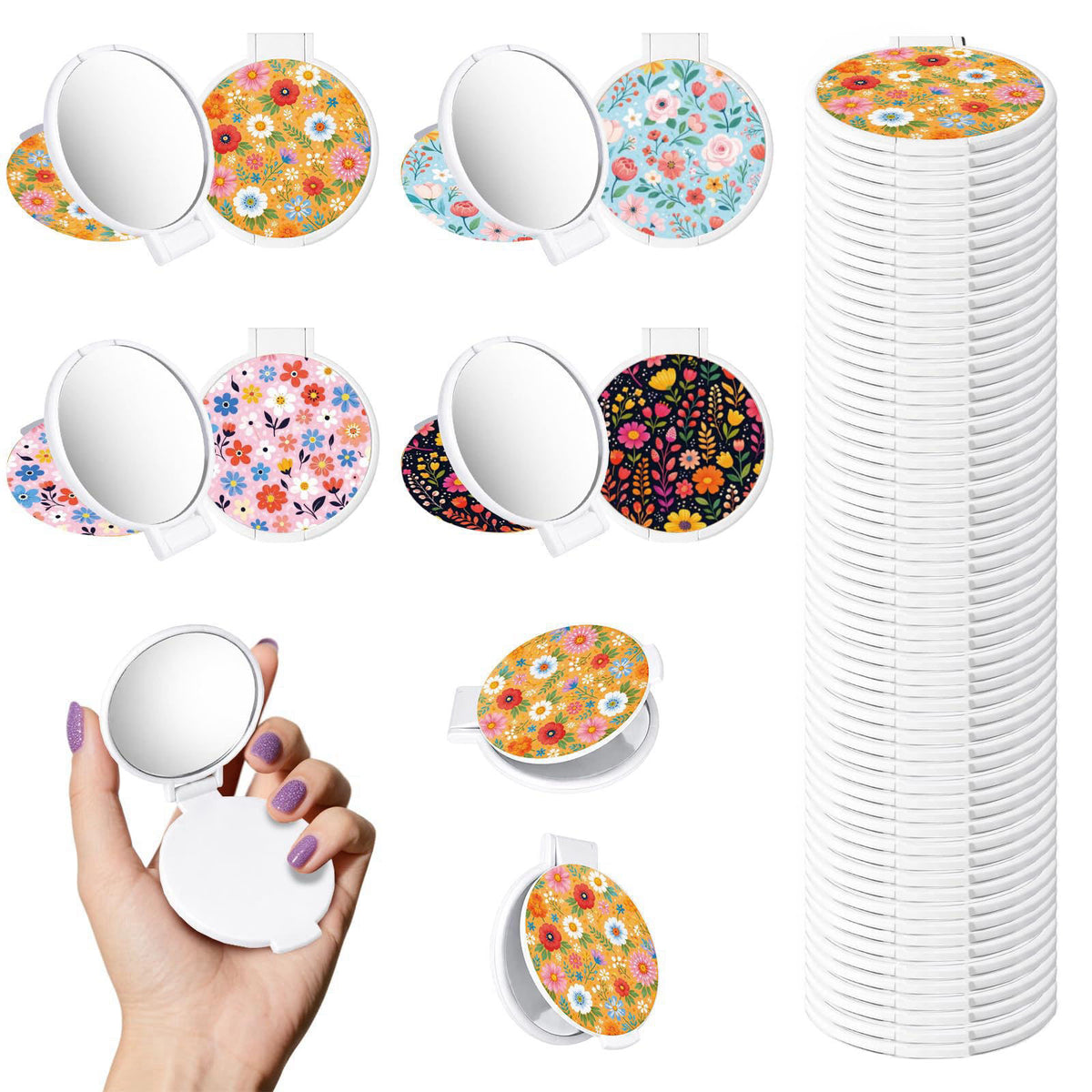 GLASSWINDS 100Pcs Round Folding Hand Compact Mini Pocket Mirrors Bulk, Flowers White Makeup Gifts for Women Mother's Day