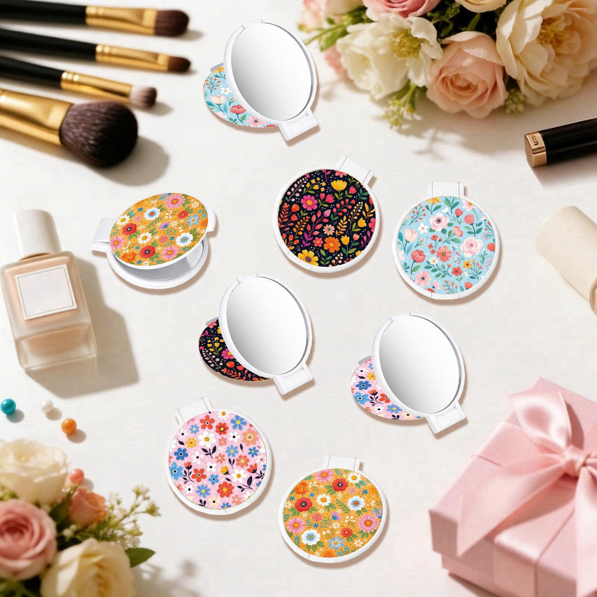 GLASSWINDS 100Pcs Round Folding Hand Compact Mini Pocket Mirrors Bulk, Flowers White Makeup Gifts for Women Mother's Day