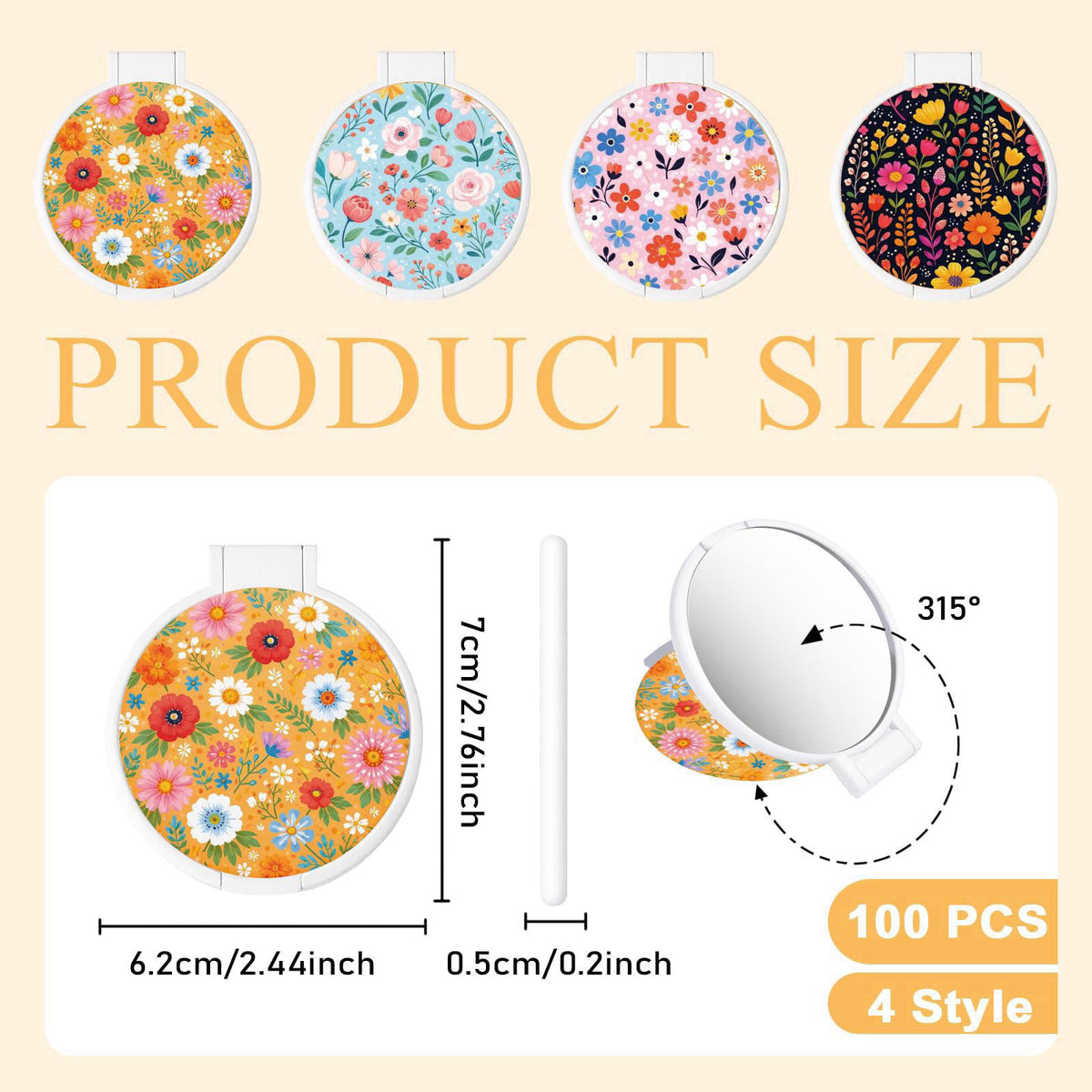GLASSWINDS 100Pcs Round Folding Hand Compact Mini Pocket Mirrors Bulk, Flowers White Makeup Gifts for Women Mother's Day