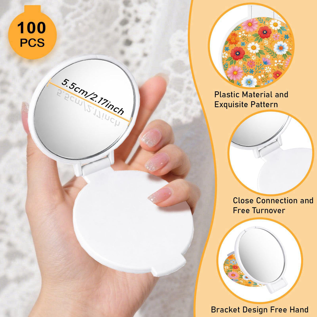 GLASSWINDS 100Pcs Round Folding Hand Compact Mini Pocket Mirrors Bulk, Flowers White Makeup Gifts for Women Mother's Day