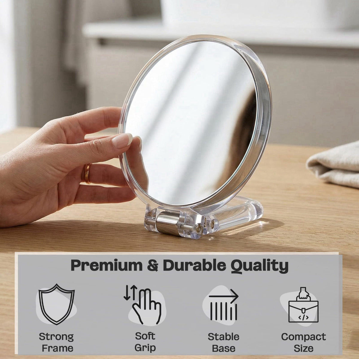 DC DANIELLE Danielle Magnification Folding Makeup Mirror 15X, Acrylic – back view and specifications